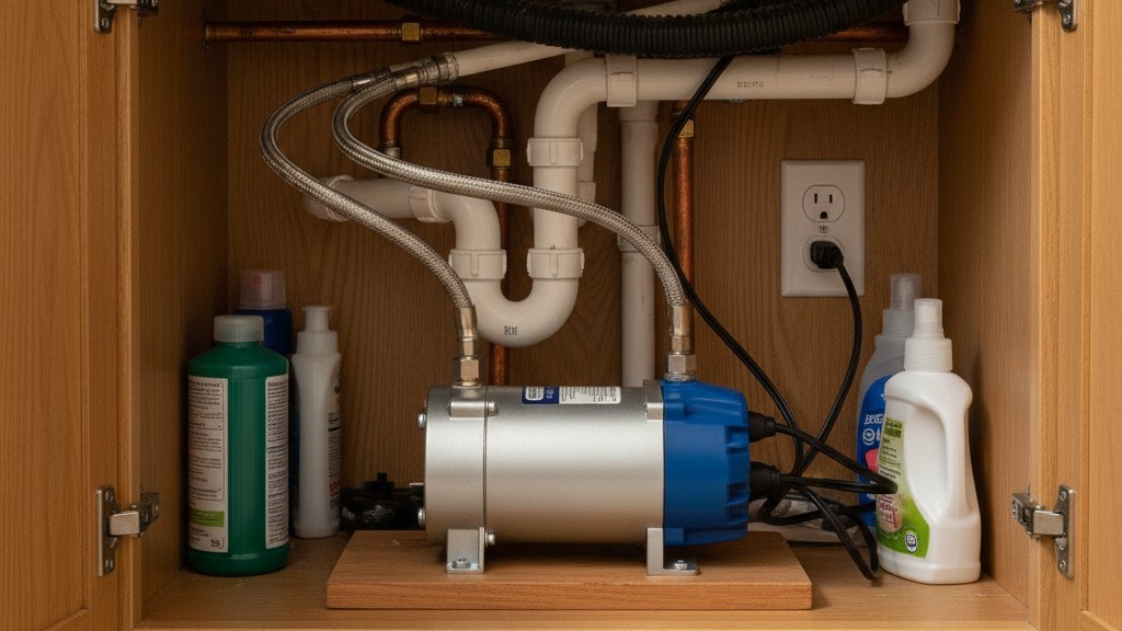 Configuração de Bomba de Recirculação de Água Quente Sob a Pia Dentro de um armário de banheiro, uma pequena bomba de recirculação está conectada às linhas de água quente e fria sob a pia.