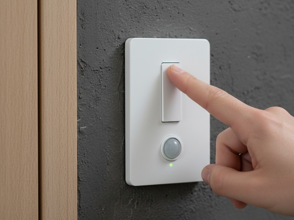 Een vinger drukt op de grote peddel van een witte vrijwaringssensor schakelaar gemonteerd op een donkere muur, wat handmatige werking aangeeft.