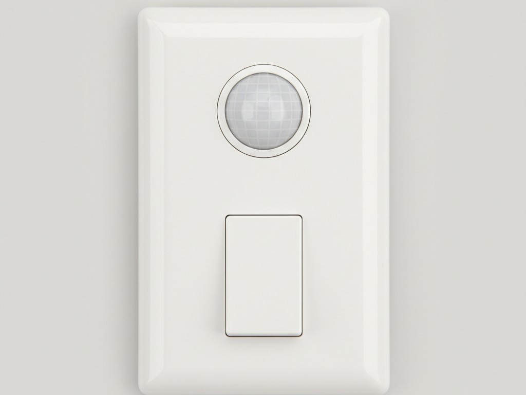 Vacancy and Occupancy Sensor Light Switch A white decorator-style light switch featuring a large paddle button on the bottom half and a round motion sensor lens at the top.