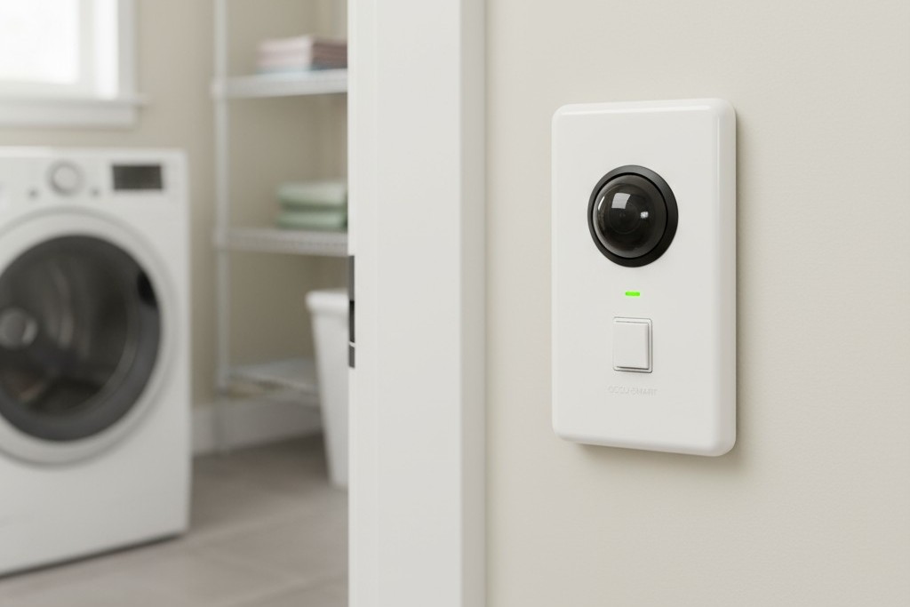 Wall-Box Occupancy Sensor Installed in a Small Office A modern wall-box occupancy sensor installed next to the door frame in a small, tidy utility closet.