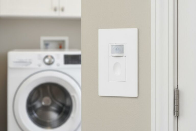 Un primer plano de un sensor de ocupación en caja blanca con una lente PIR circular y un gran interruptor de paleta, instalado en una pared de color beige claro en una lavandería.