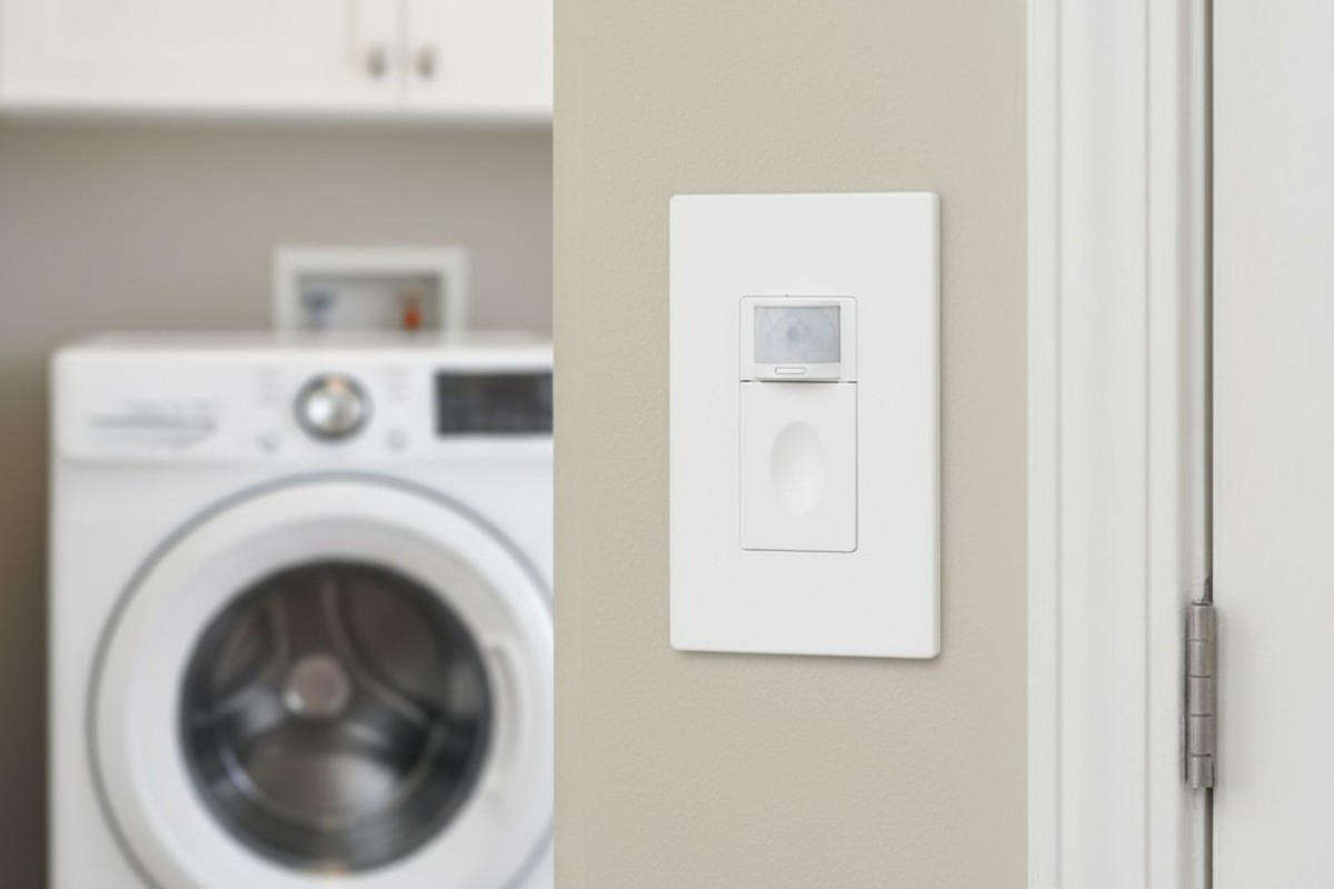 一個特寫白色牆壁盒中的占用感應器，帶有圓形PIR鏡頭和大型擋板開關，安裝在洗衣房淺米色牆壁上。