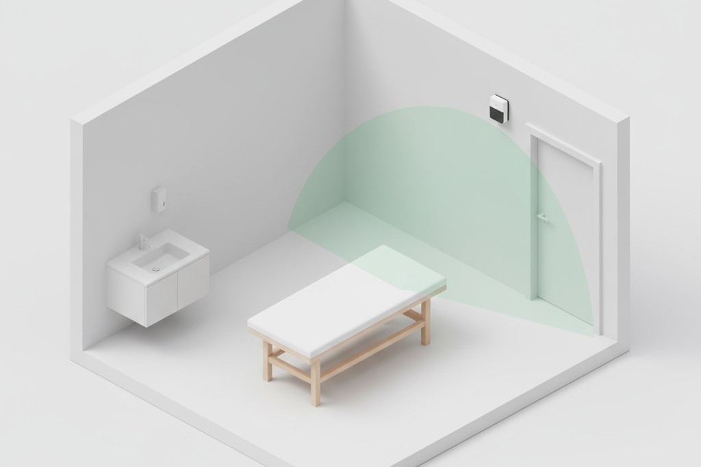 Diagram, der viser den korrekte placering for en vægmonteret bevægelsessensor i et klinikrum.