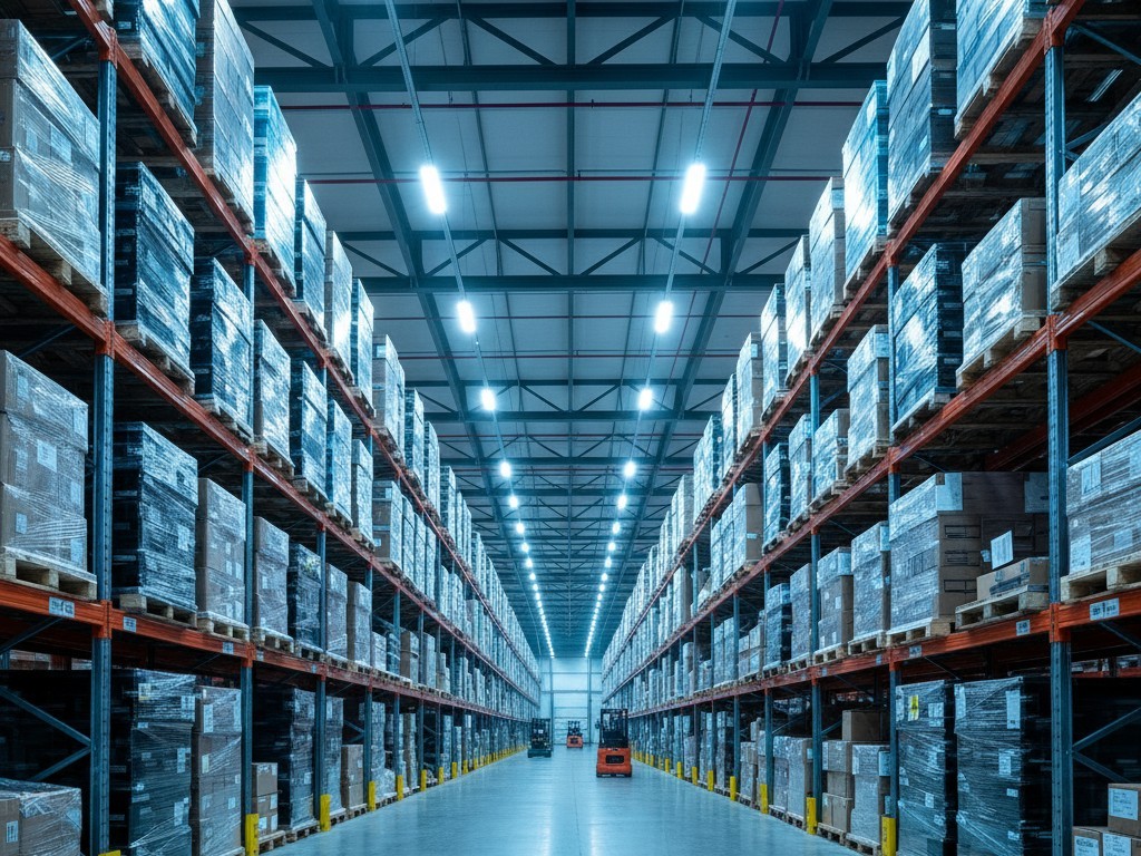 ภายในโกดังขนาดใหญ่ร่วมสมัยที่มีเพดานสูงมาก ชั้นวางของสูงและพื้นคอนกรีต ขนาดของพื้นที่เน้นให้เห็นถึงความท้าทายสำหรับเซ็นเซอร์ตรวจจับการใช้งานมาตรฐาน