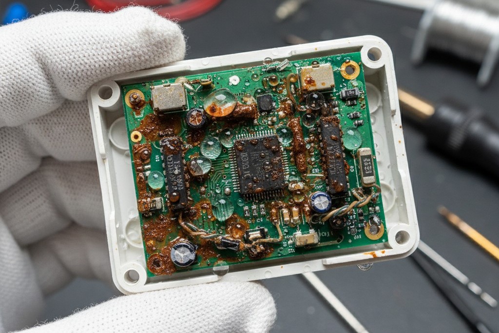 Condensatieschade binnen een bezettingssensor De hand van een technicus houdt een openstaande bezettingssensor vast, waar een printplaat bedekt is met roest en waterdruppels van condensatie binnen een vriezer.