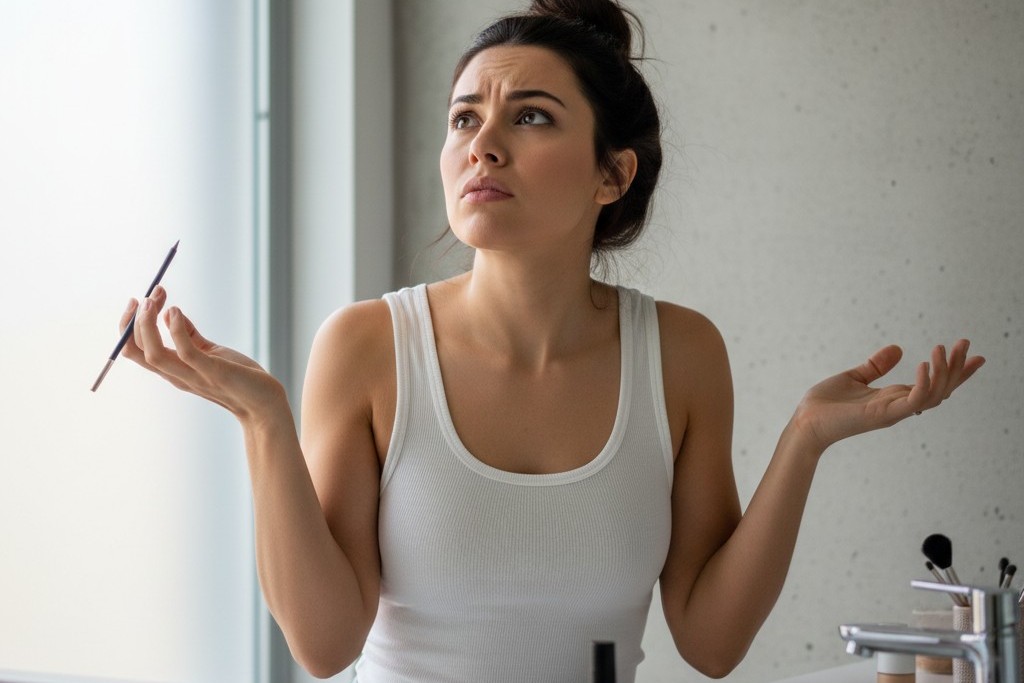 Seorang wanita duduk di wastafel kamar mandi yang terang benderang, menatap ke atas dengan kesal saat lampu mendadak mati, membuatnya dalam cahaya redup dan ambient.