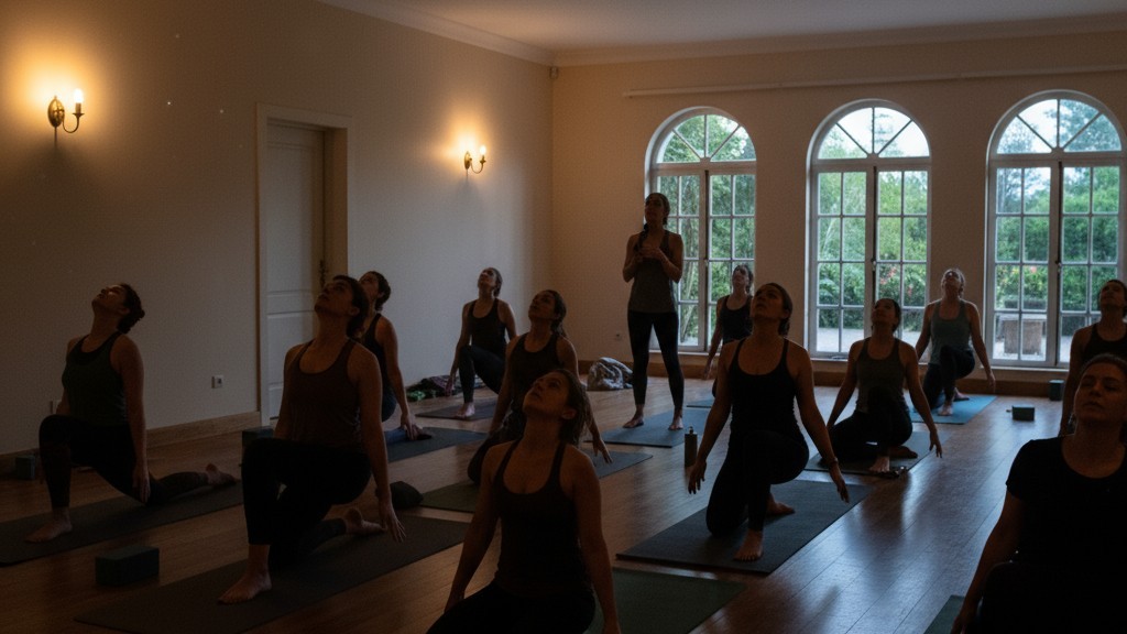 따뜻하게 조명이 비치는 요가 수업이 갑자기 암흑으로 전환되어, 희미한 창문 빛으로 놀란 참가자들의 실루엣이 드러납니다.