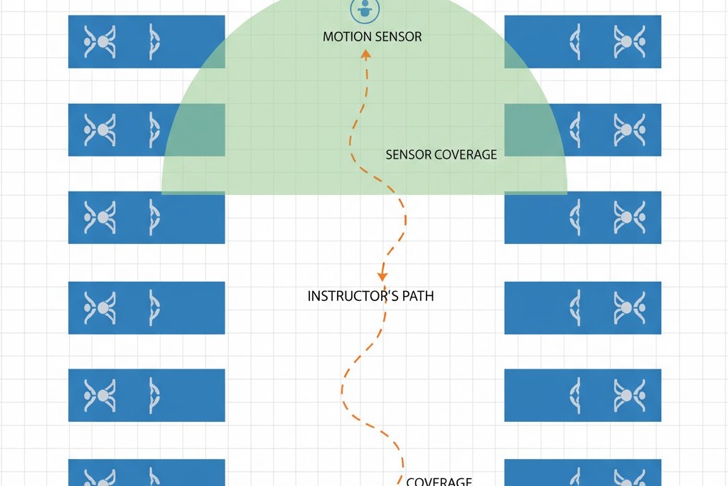 전면 강사의 이동 경로를 중심으로 하는 모션 센서의 커버리지를 보여주는 상단 다이어그램으로, 고정된 매트 위의 학생들이 아닌 강사의 동작에 초점을 맞추고 있습니다.
