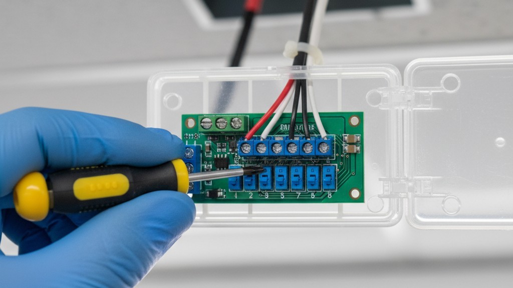 Regolazione manuale degli interruttori dip del sensore Primo piano macro della mano di un tecnico che usa un piccolo cacciavite per regolare piccoli interruttori dip all'interno di un sensore di illuminazione commerciale.