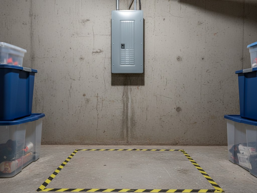 Floor safety zone marking A grey electrical panel on a basement wall with a rectangular safety zone marked on the concrete floor using yellow and black hazard tape.
