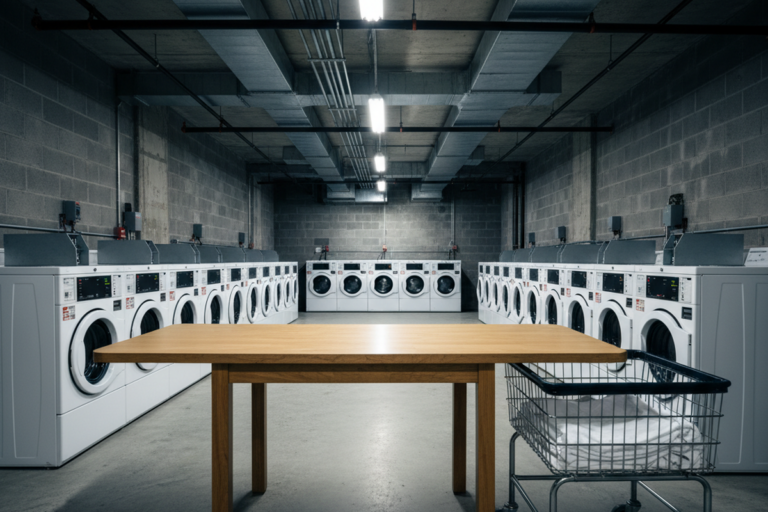 A simple wooden table stands centrally in a concrete basement laundry room flanked by rows of white washing machines. To the right, a wire cart holds folded linens beneath industrial fluorescent ceiling fixtures.