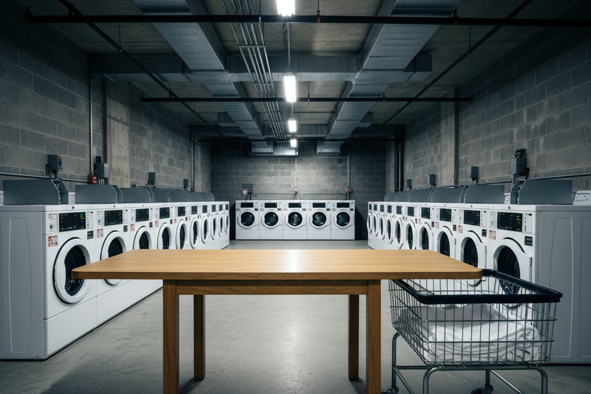 A simple wooden table stands centrally in a concrete basement laundry room flanked by rows of white washing machines. To the right, a wire cart holds folded linens beneath industrial fluorescent ceiling fixtures.