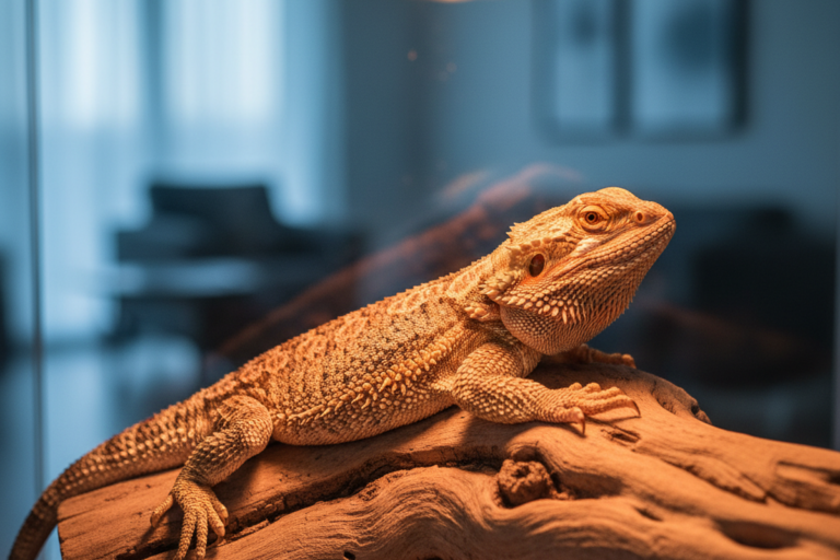 수염 도마뱀이 유리 테라리움 안의 질감 있는 통나무 위에 쉬고 있으며, 그 위에 직접 위치한 밝은 열 램프에 의해 조명이 비춰지고 있습니다.