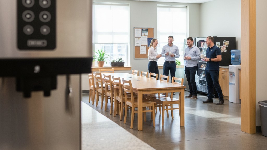 Freie Sichtlinie Eine Sicht aus der Perspektive einer Kaffeetheke, die über eine Kaffeemaschine hinaus auf eine offene Büropausenraumtür blickt.
