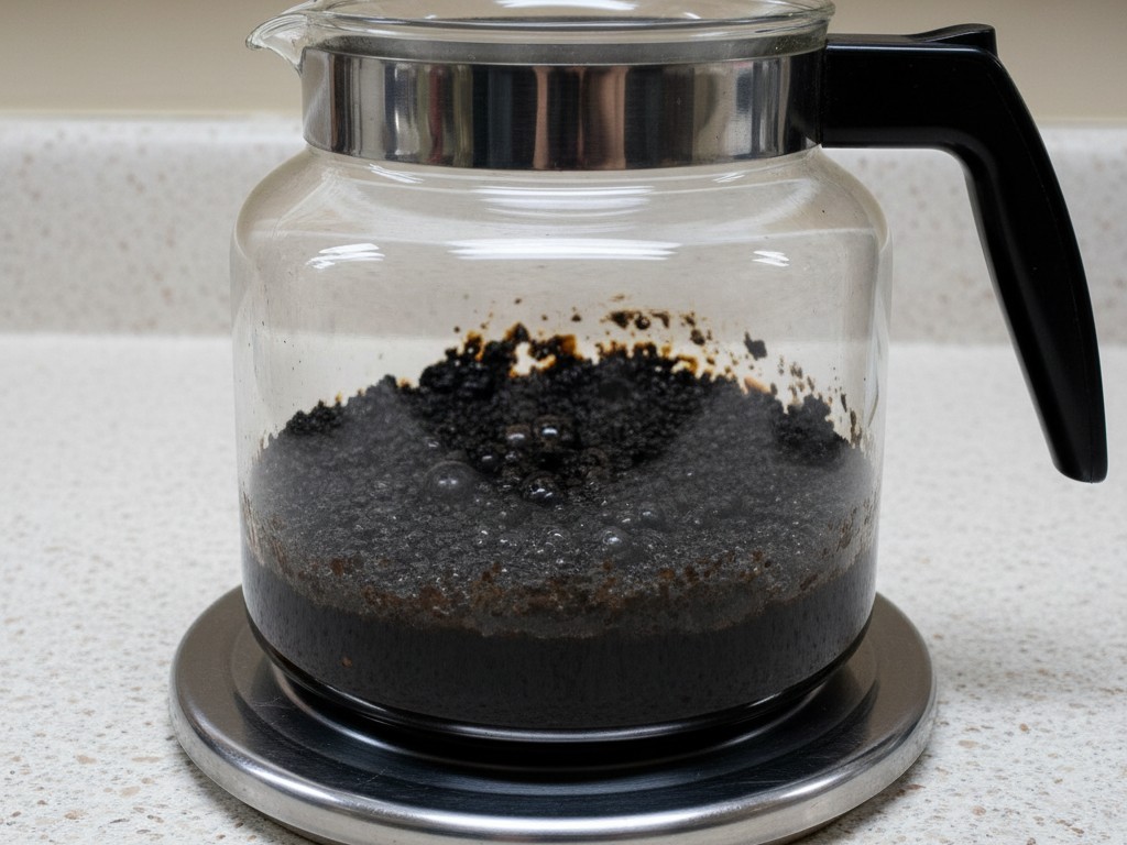 Die Gefahr von verbranntem Kaffee Eine kommerzielle Glaskaffeekanne, die auf einer Warmhalteplatte steht und eine Schicht dicken, schwarzen, verbrannten Kaffeerückstands enthält.