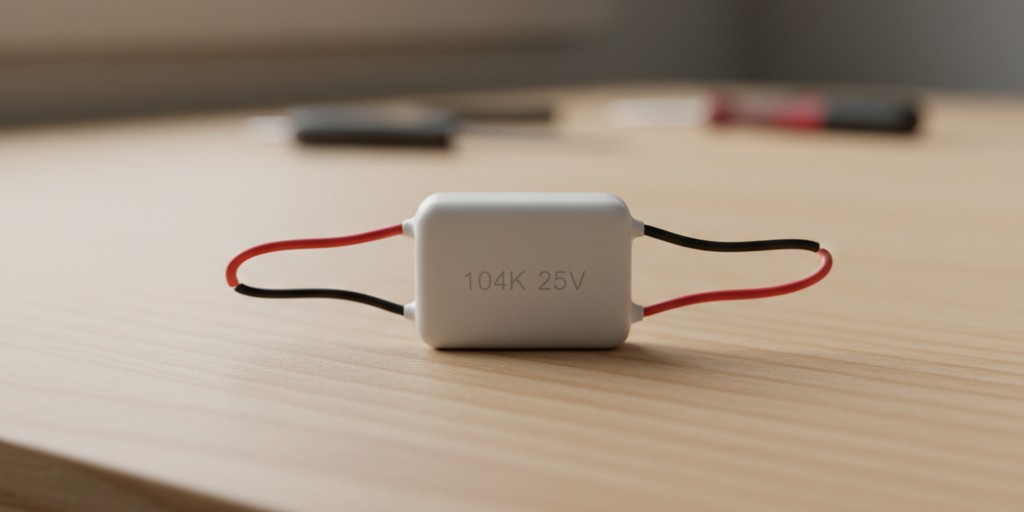 Bypass capacitor component A close-up view of a rectangular bypass capacitor component with two wire leads resting on a workbench.