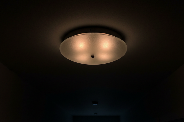 A round frosted glass ceiling fixture emits a faint, warm orange glow against a pitch-black ceiling. Below the fixture, a dark hallway leads to a distant rectangular window filled with cool blue light.