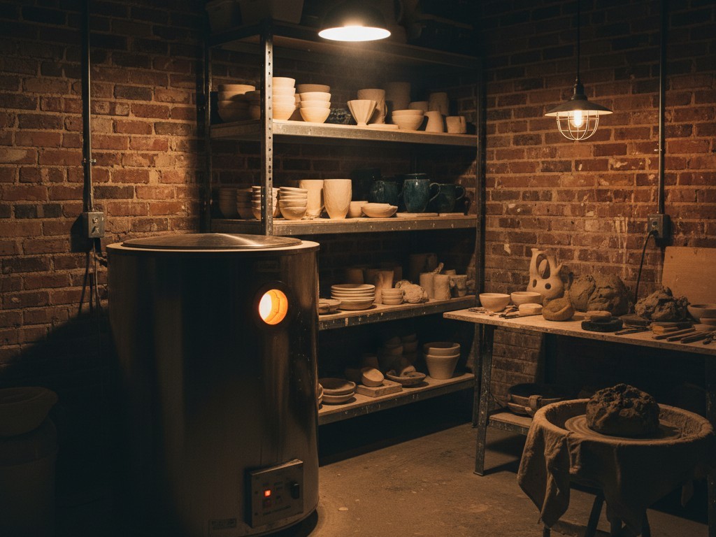 Ceramic kiln in artist studio A large stainless steel electric kiln sitting in the corner of a dimly lit art studio, surrounded by shelves of pottery.