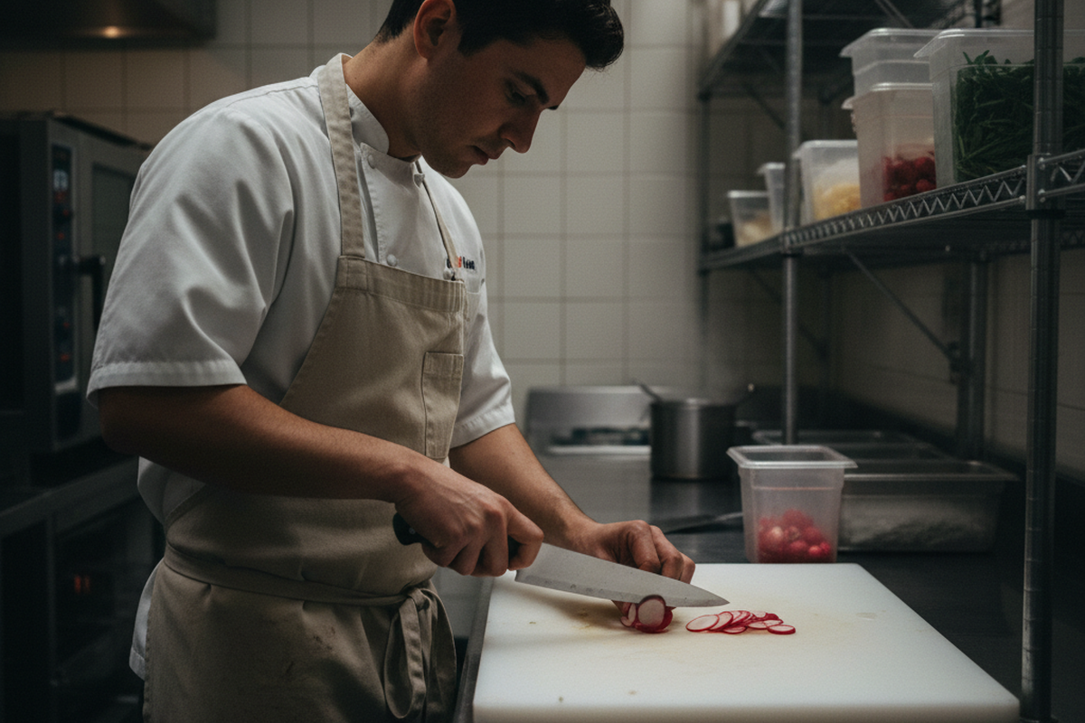 A chef in a white coat and apron stands at a stainless steel table slicing radishes on a white board. Wire shelves holding plastic containers line the wall behind him.