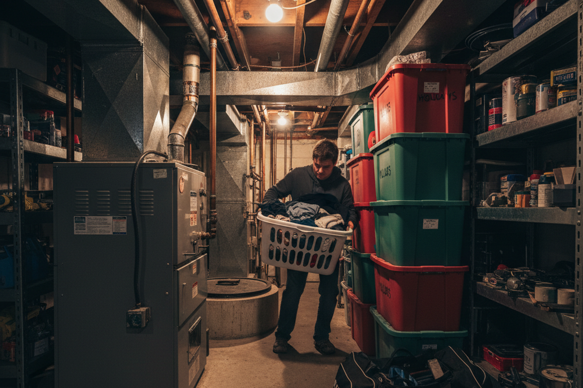 A man carries a white laundry basket through a narrow basement aisle lined with stacked plastic storage bins and metal shelving. A large furnace and overhead pipes crowd the space, while a black duffel bag sits on the floor in the foreground.