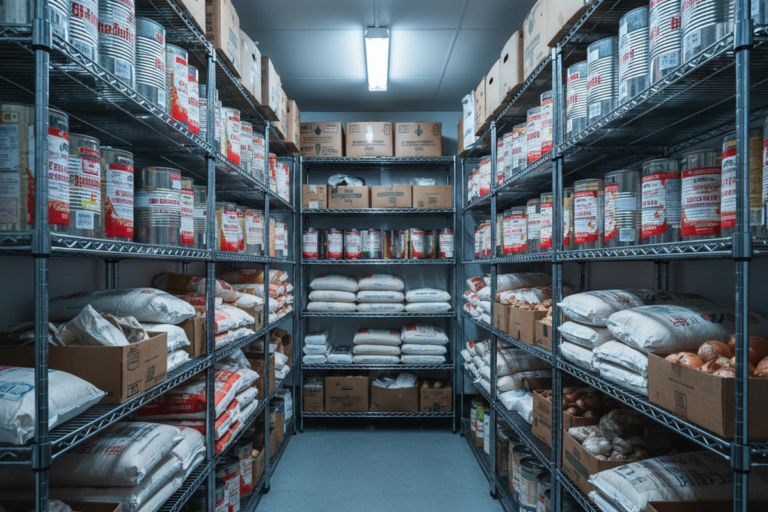 Unità di scaffalature metalliche con fili piene di grandi lattine e sacchi fiancheggiano un corridoio stretto nella dispensa di una cucina commerciale. Luci fluorescenti a strisce luminose sopra illuminano lo spazio di stoccaggio senza finestre.