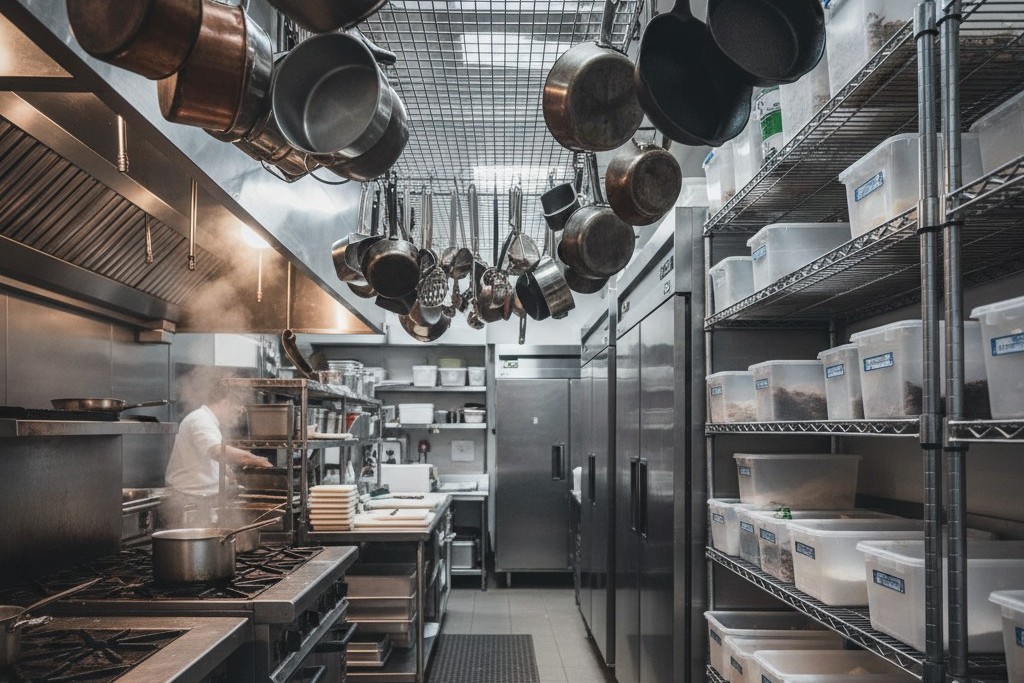 Ein Blick durch eine überfüllte gewerbliche Küche mit Drahtregalen, hängenden Topfgestellen und gestapelter Ausrüstung, die klare Sichtlinien blockieren.
