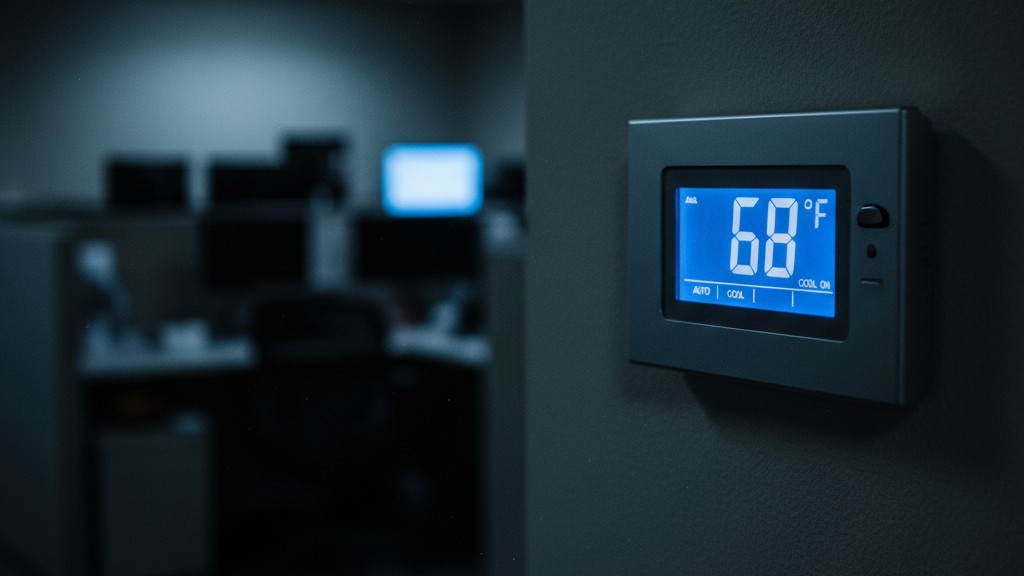 Termostato impostato a 68 gradi Un termostato commerciale digitale su una parete che mostra 68 gradi Fahrenheit in un ambiente d'ufficio poco illuminato.