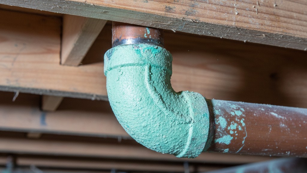 Copper pipe oxidation under diagnostic light A close-up of a copper plumbing pipe joint in an unfinished ceiling showing green oxidation, clearly visible under bright cool-white light.