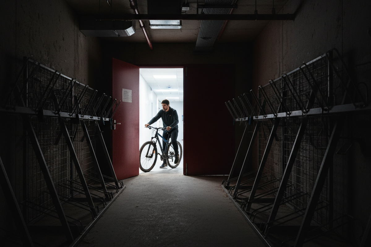 Un ciclista spinge una bicicletta attraverso porte rosse aperte in una stanza di cemento completamente buia foderata di rastrelliere metalliche. La luce intensa del corridoio crea una silhouette contro l'interno non illuminato.