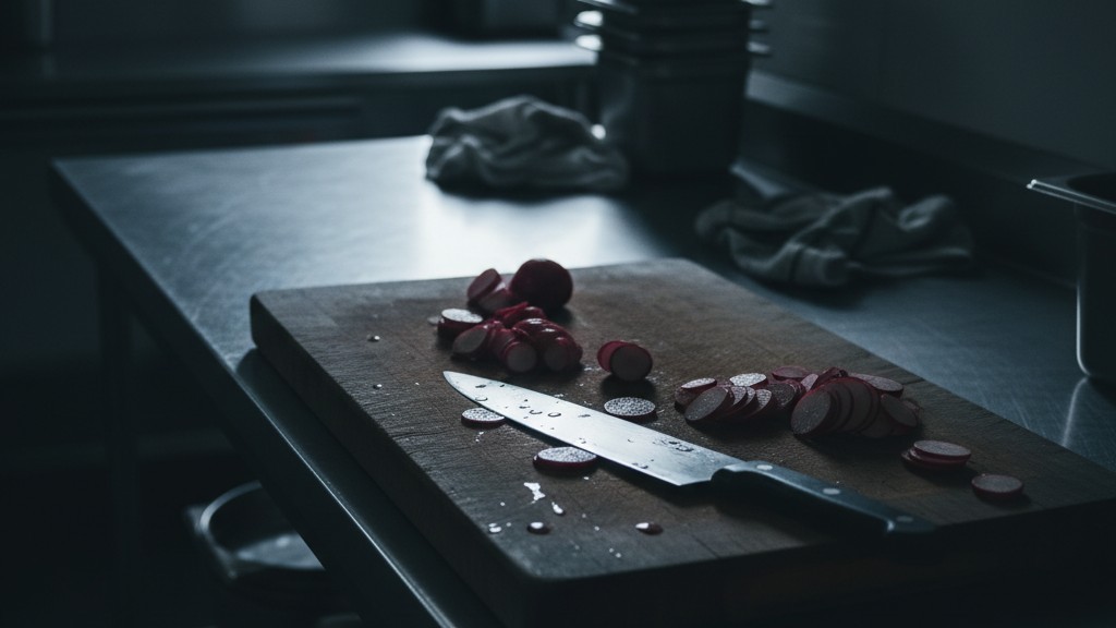 Eine Edelstahl-Vorbereitungsstation in einer gewerblichen Küche in plötzlicher Dunkelheit, nur von schwachem Umgebungslicht beleuchtet, mit geschnittenem Gemüse auf einem Schneidebrett.