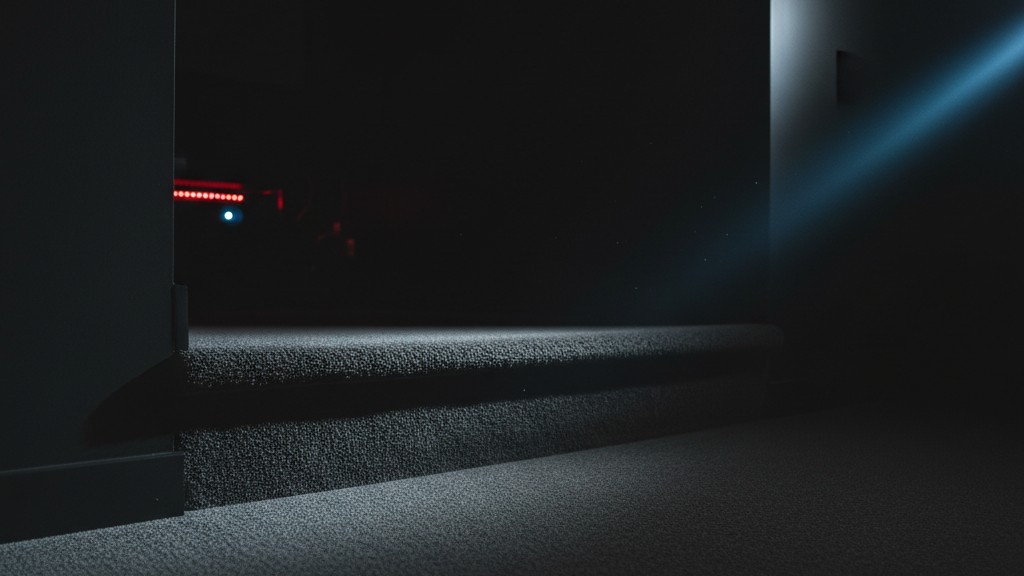 Home theater riser step in low light A low-angle view of a carpeted home theater riser step that is difficult to see in the surrounding darkness.