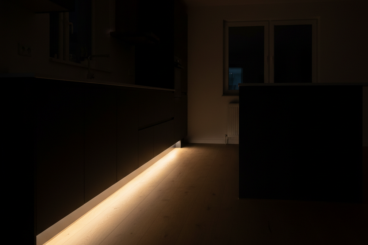 A continuous strip of warm LED light runs along the base of dark kitchen cabinets, casting a soft glow across the wooden floorboards. The upper volume of the room, including the island and windows, remains in deep shadow.