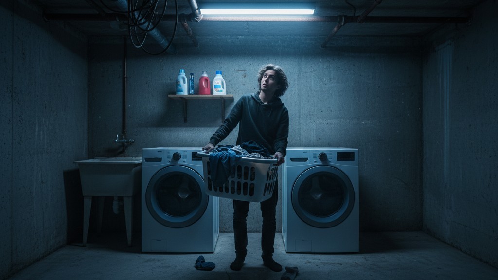 Resident stranded in darkness A resident holding a laundry basket stands in a dark laundry room, illuminated only by the faint blue glow of washing machine digital displays.