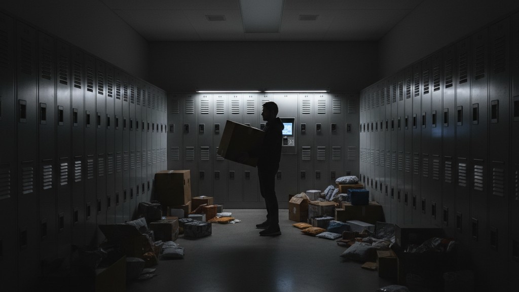 Package room darkness safety hazard A resident standing in a dimly lit package room aisle between tall metal lockers, holding a large box, surrounded by shadows.