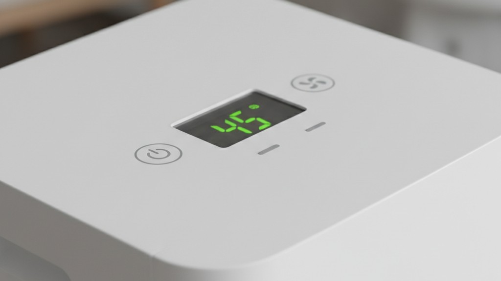 Panneau de contrôle numérique du déshumidificateur Vue de dessus du panneau de contrôle d'un déshumidificateur moderne avec un affichage numérique de l'humidité et des boutons à commande tactile douce.