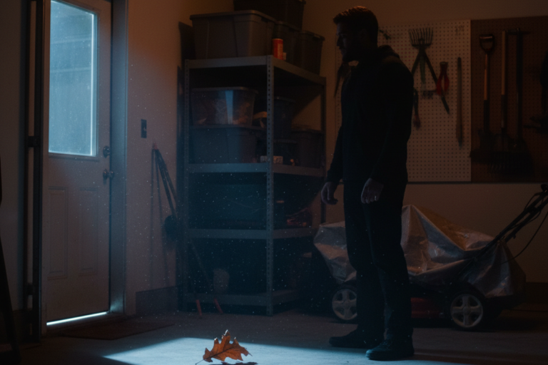 한 남자가 어둑한 차고에 서서 흰색 문 아래에서 쏟아지는 밝은 파란 빛줄기에 비친 잎을 내려다보고 있다. 배경에는 저장 선반, 플라스틱 상자, 페그보드에 걸린 정원 도구들이 있다.