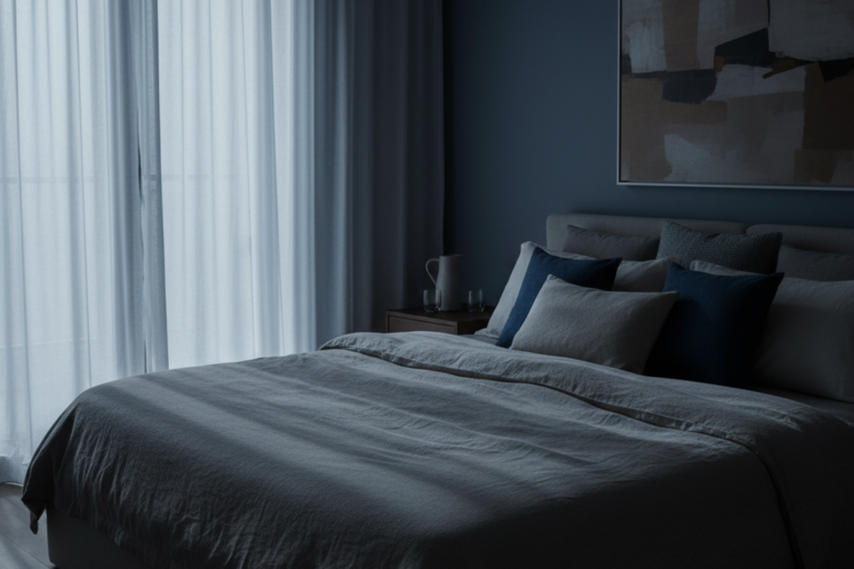 회색과 파란색 베개가 놓인 더블 침대가 어두운 벽의 희미하게 조명된 방 중앙에 있다. 얇은 커튼이 왼쪽의 큰 창문을 가려 희미한 빛만이 그림자 진 공간에 들어온다.