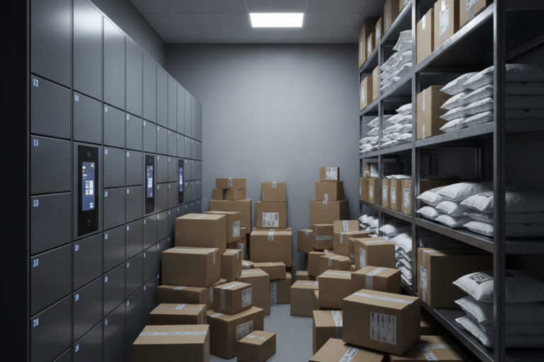 A narrow room features a wall of gray digital lockers on the left and metal shelving units filled with parcels on the right. Cardboard boxes are stacked haphazardly on the floor in the center aisle under cool, dim ceiling lights.