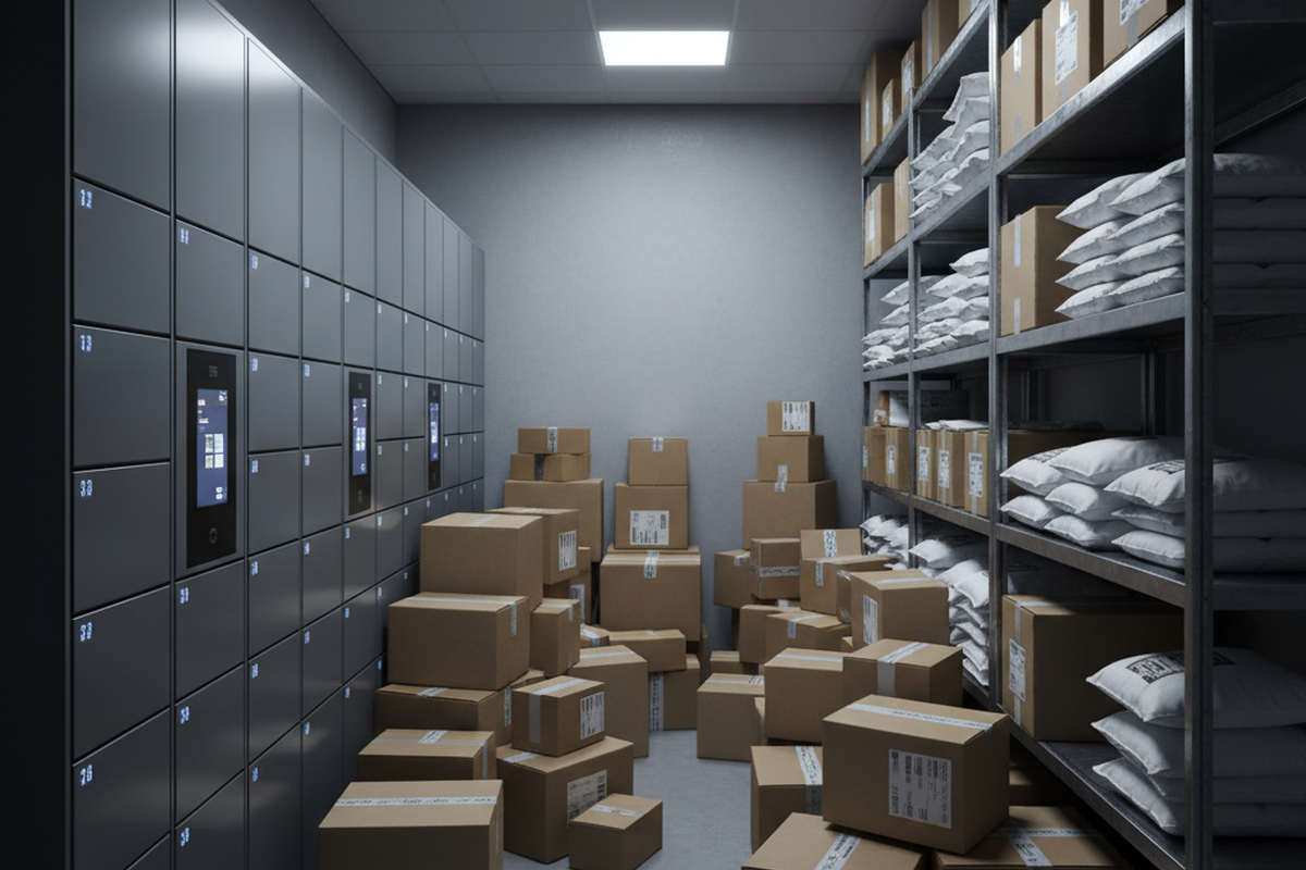 A narrow room features a wall of gray digital lockers on the left and metal shelving units filled with parcels on the right. Cardboard boxes are stacked haphazardly on the floor in the center aisle under cool, dim ceiling lights.