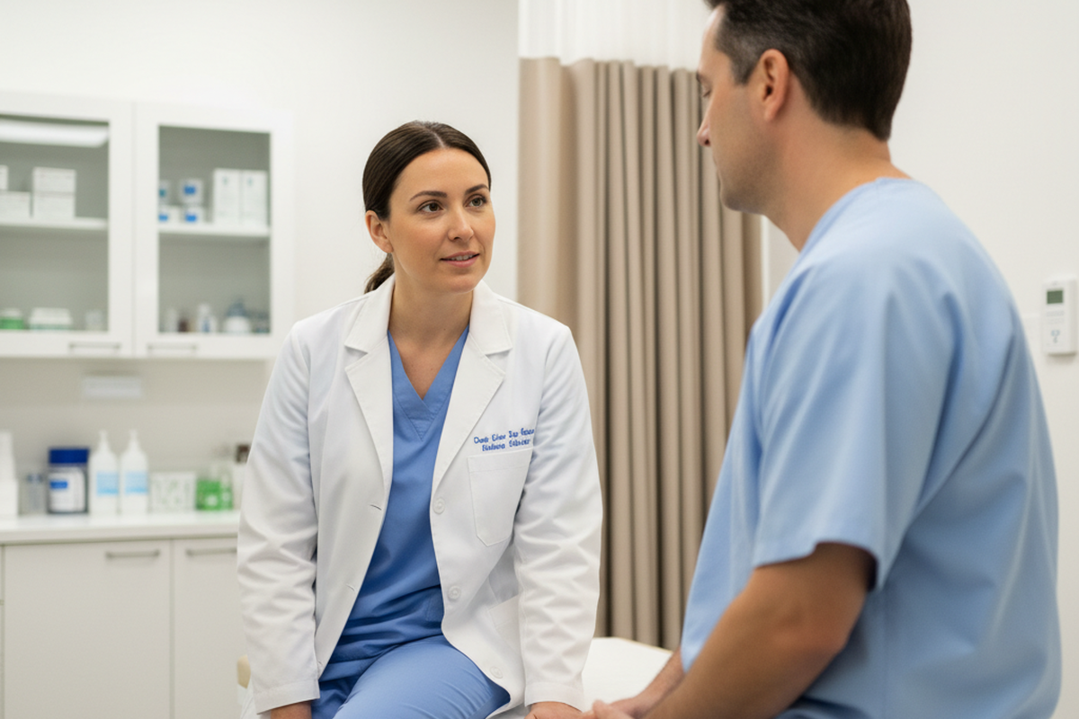 A female doctor in a white coat converses with a male patient sitting on an exam table in a brightly lit medical room. A beige privacy curtain and white medical cabinets are visible in the background.