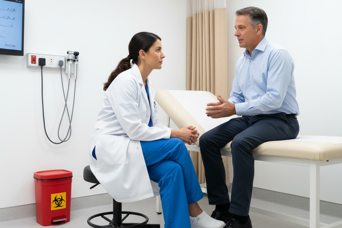 Eine Ärztin in weißem Kittel sitzt auf einem rollbaren Hocker und blickt auf einen männlichen Patienten, der vom Untersuchungstisch aus gestikuliert, während er spricht. Die klinische Umgebung verfügt über weiße Wände, einen beigen Sichtschutzvorhang und einen roten Biohazard-Behälter auf dem Boden.