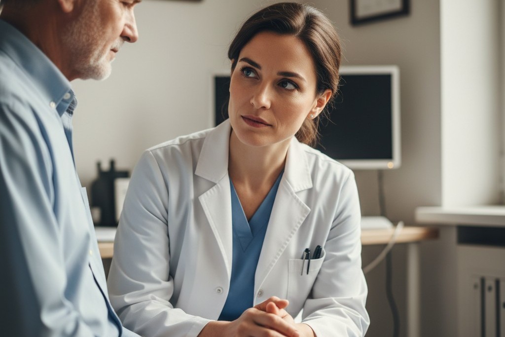 Serious medical consultation A physician speaking compassionately with a patient in a consultation room, capturing a moment of focus and trust.