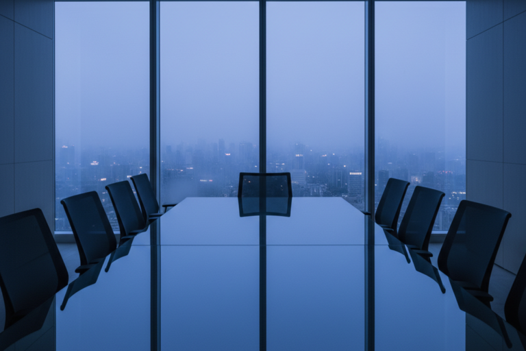 Długi, refleksyjny stół otoczony jest pustymi krzesłami w zaciemnionej sali konferencyjnej. Okna od podłogi do sufitu ukazują mglistą, niebieską panoramę miasta o zmierzchu.