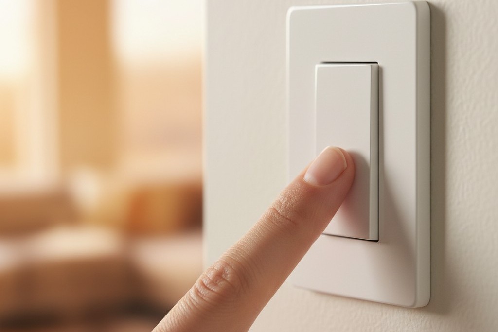 Manual switch activation closeup A close-up side view of a finger pressing a large white wall switch button in a dimly lit room.