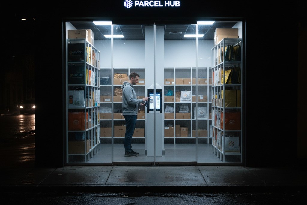 Fishbowl lighting security risk A view from a dark street looking into a brightly lit glass-fronted package room where a person is clearly visible inside.