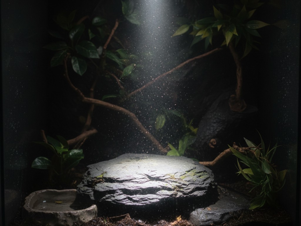 Directional beam visualization A bright flashlight beam cuts through a darkened reptile enclosure, illuminating a specific basking rock while the surrounding area remains in shadow.