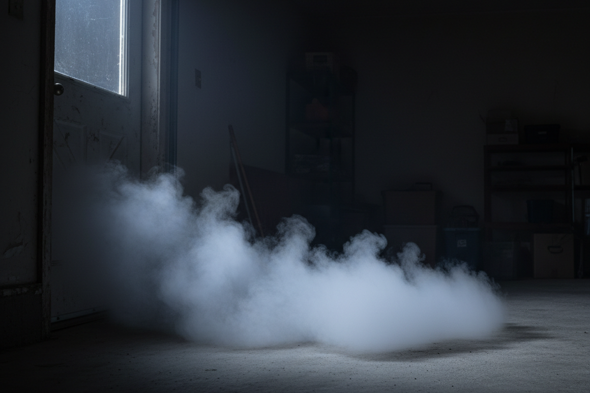 A thick cloud of white mist rolls across a concrete floor, entering from beneath a closed side door in a dark garage. The low-lying fog spreads into the room, contrasting with the shadows of shelves and the overhead door track.