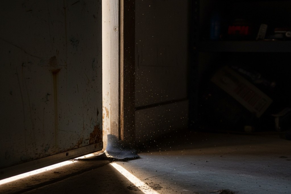 Garage door seal gap A close-up, ground-level view of a garage side door showing a gap in the weatherstripping with daylight shining through.