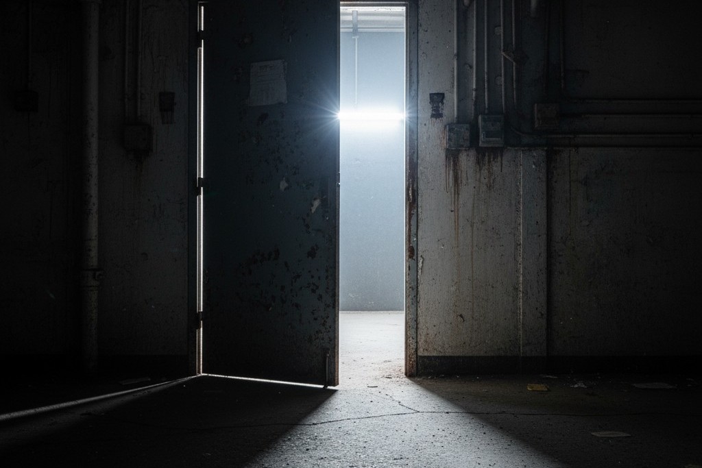 Luce che fuoriesce da una stanza di stoccaggio dimenticata Una pesante porta commerciale è socchiusa in un corridoio semibuio del seminterrato, rivelando una luce fluorescente intensa che si riversa sul pavimento di cemento.