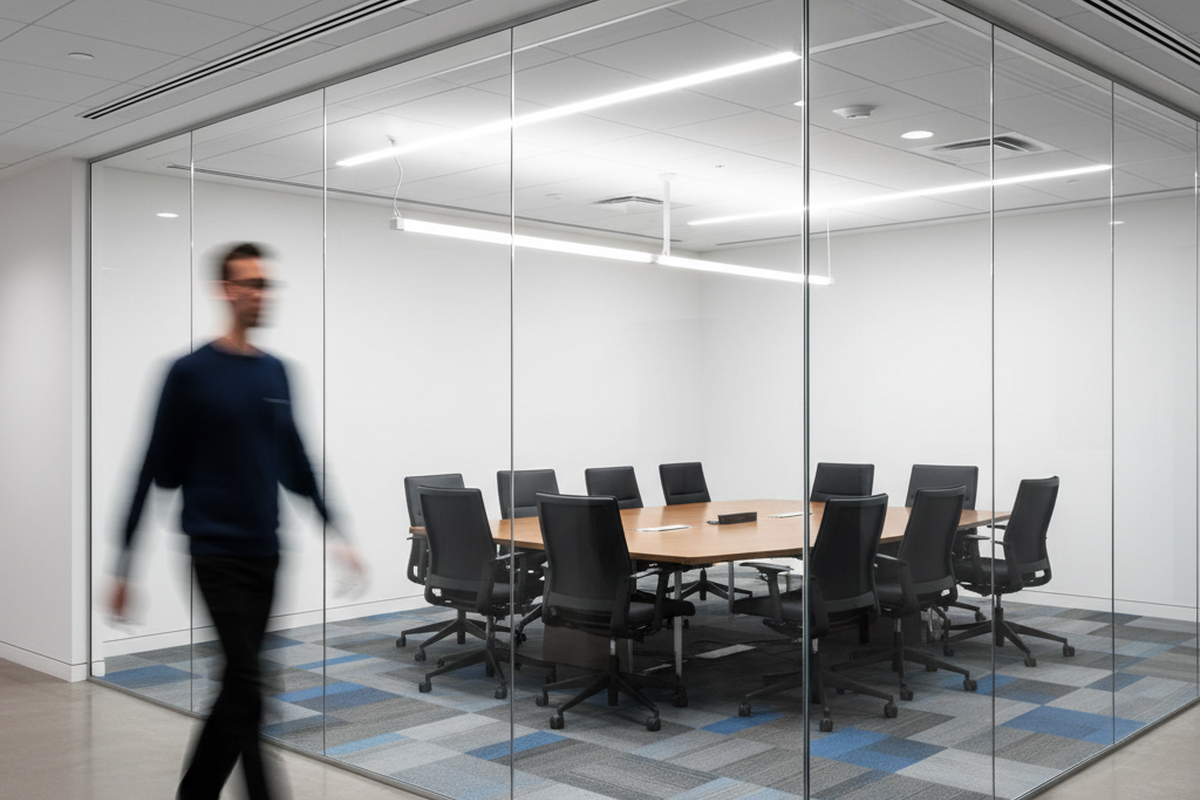 A blurred figure walks along the corridor outside a glass-walled conference room furnished with a large table and black chairs. The room is brightly lit with linear fixtures while the surrounding office space features a polished concrete floor.